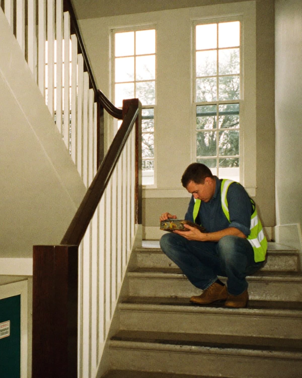 A surveyor recording a reading on a communal staircase.